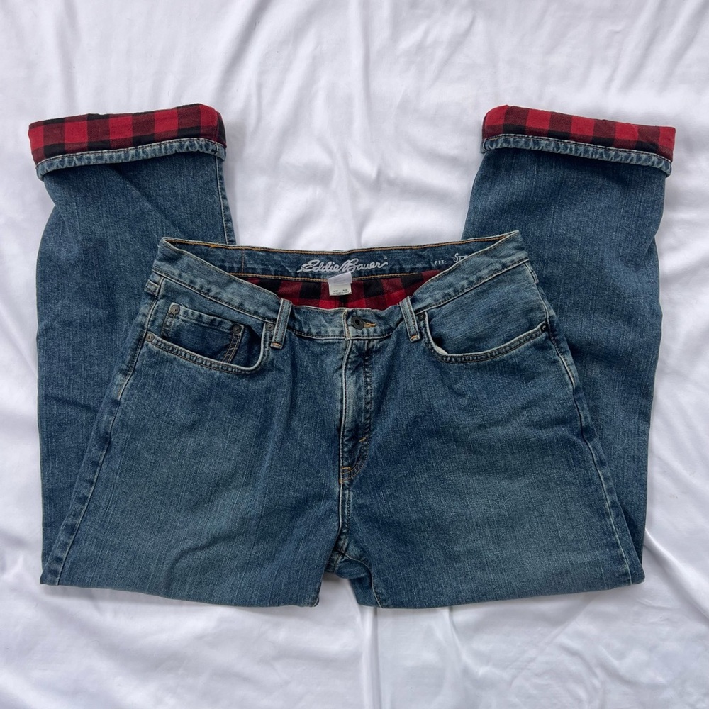 Eddie Bauer Men’s Red Plaid Flannel-Lined Straight Fit Jeans Size 36x30